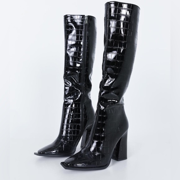 Princess Polly Patten Leather Croc Embossed Black Knee High Mercury Boot Size 10 - Picture 1 of 8